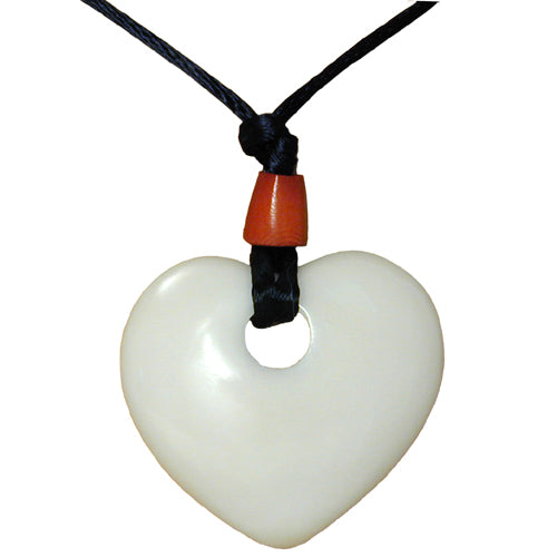 <center>Tagua Heart Pendant - Carved by Artisans of Ecuador </br> Measures: 1-1/2" x 1-1/2" and 18" long </center>