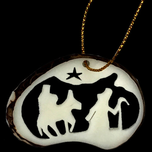 <center>Tagua Nut Mary on Donkey with Joseph Ornament Slice</br>from Ecuador </br>Average Measurement - 1 3\8" high x 1 5/8" wide x 1/8" thick</center>