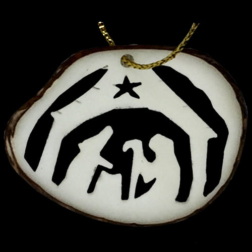 <center>Tagua Nut Nativity Ornament Slice</br>from Ecuador </br>Average Measurement - 1 3\8" high x 1 5/8" wide x 1/8" thick</center>