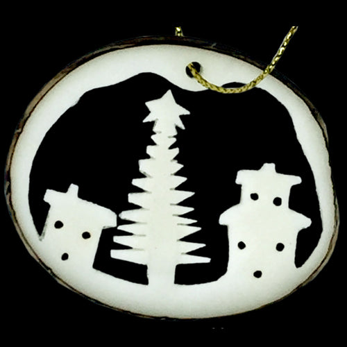 <center>Tagua Nut Winter Landscape Ornament Slice</br>from Ecuador </br>Average Measurement - 1 3\8" high x 1 5/8" wide x 1/8" thick</center>