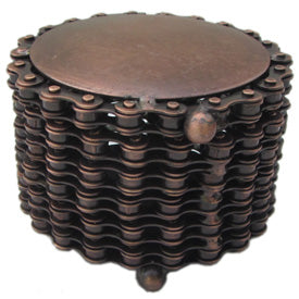 <center>Round Box made from Recycled Bicycle Chain</br>dimensions 3-3/4"diameter x 2-3/4" high</center>