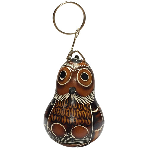 <center>Hand-Carved Owl Keychain</br>crafted by Artisans in Peru</br>Measures 2-3/4" high x 2" diameter at base = hangs 3-3/4"</center>