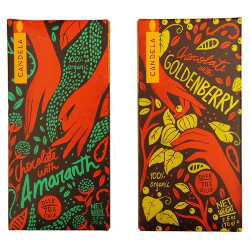 <center>Certified Organic, Vegan and Fair Trade Chocolate Bars - 70% Dark Chocolate </br>70 gr. bars (2.5 oz.) Amaranth and Golden Berry </center>