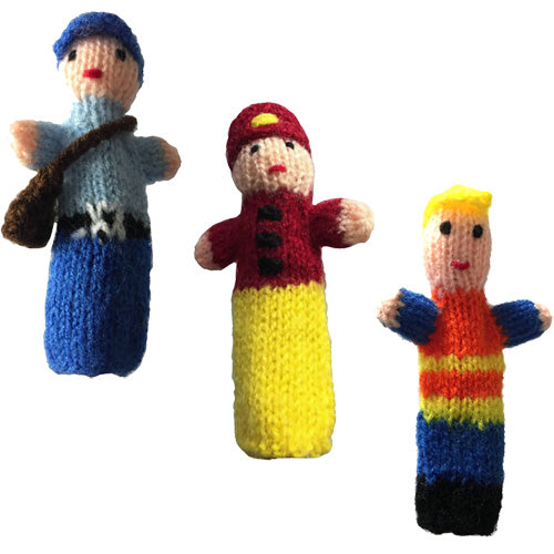 <center>Hand-woven Cotton Finger Puppets </br> Set of 3 - Postman, Fireman, and Construction Worker <br/> Fair Trade and Made in Peru </center>