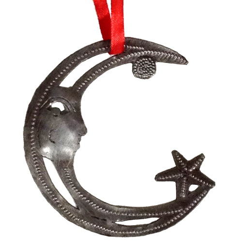 <center>Upcycled Metal Moon Ornament</br>Measures - 4-1/4" high x 4" wide<br/>Handmade from Metal Drums in Haiti</center>