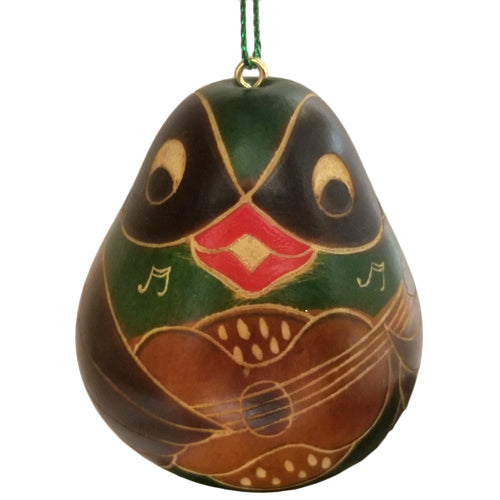 Green Bird Gourd Ornament Playing a Guitar crafted by Artisans in Peru and fair trade imported