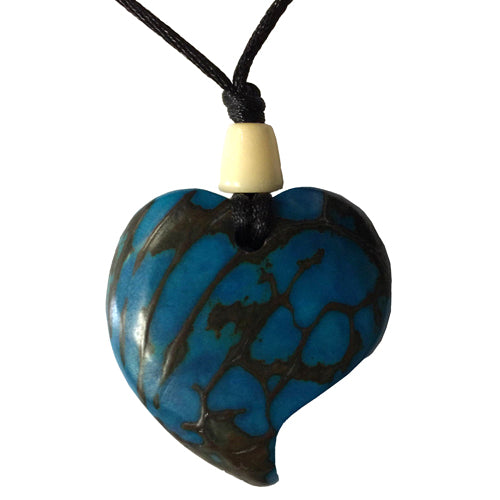 <center>Tagua Blue Raindrop Pendant - Carved by Artisans of Ecuador </br> 1-1/2" x 1-1/2" and 18-1/2" long </center>