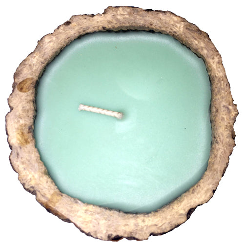 <center>Brazil Nut Pod Candle with Eucalyptus Scent Crafted in Peru </br>Measures: ~ 2-1/4" to 2-3/4” high and 4” to 4-1/2” in diameter </br> 