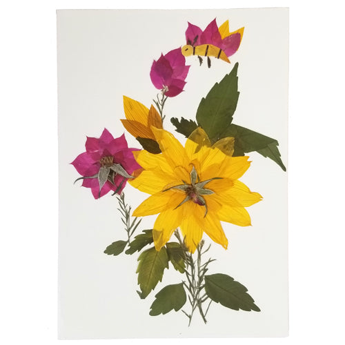 <center>Flower & Bee - Handmade Floral Greeting Card</br>Made by Woman Artisans in El Salvador</br>Designed by Children of Balashram in India </br>Measures: 6-7/8 in. tall x 4-3/4 in wide</center>