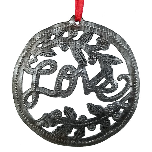 <center>Upcycled Metal Love Ornament</br>Measures Approximately 4" in Diameter<br/>Handmade from Metal Drums in Haiti</center>