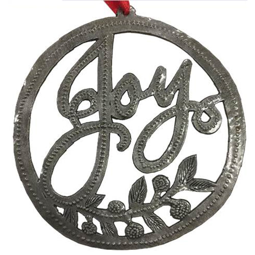 <center>Upcycled Metal Joy Ornament</br>Measures Approximately 4" in Diameter<br/>Handmade from Metal Drums in Haiti</center>