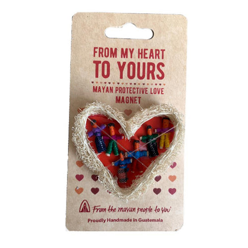 <center>Loofah Heart Magnet w/ Worry Dolls - Measures: 2-1/2" wide x 2" high x 1/2" deep</center>