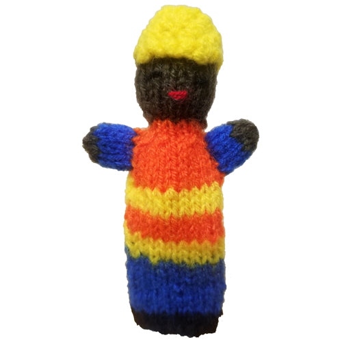 <center>Black Construction Worker Finger Puppet</br>Crocheted by Artisans in Peru </center>