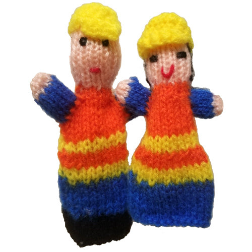 <center>Man & Woman Construction Worker Finger Puppets - Front View</br>Crocheted by Artisans in Peru </center>