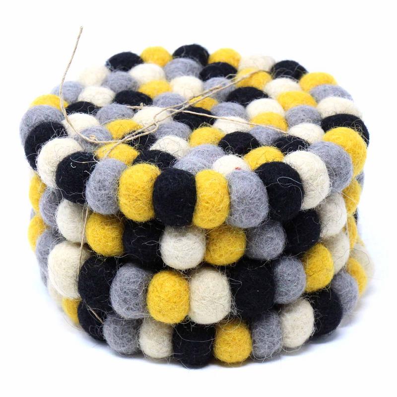 Hand Crafted Felt Ball Coasters from Nepal: 4-pack, Bumble Bee- Global Groove