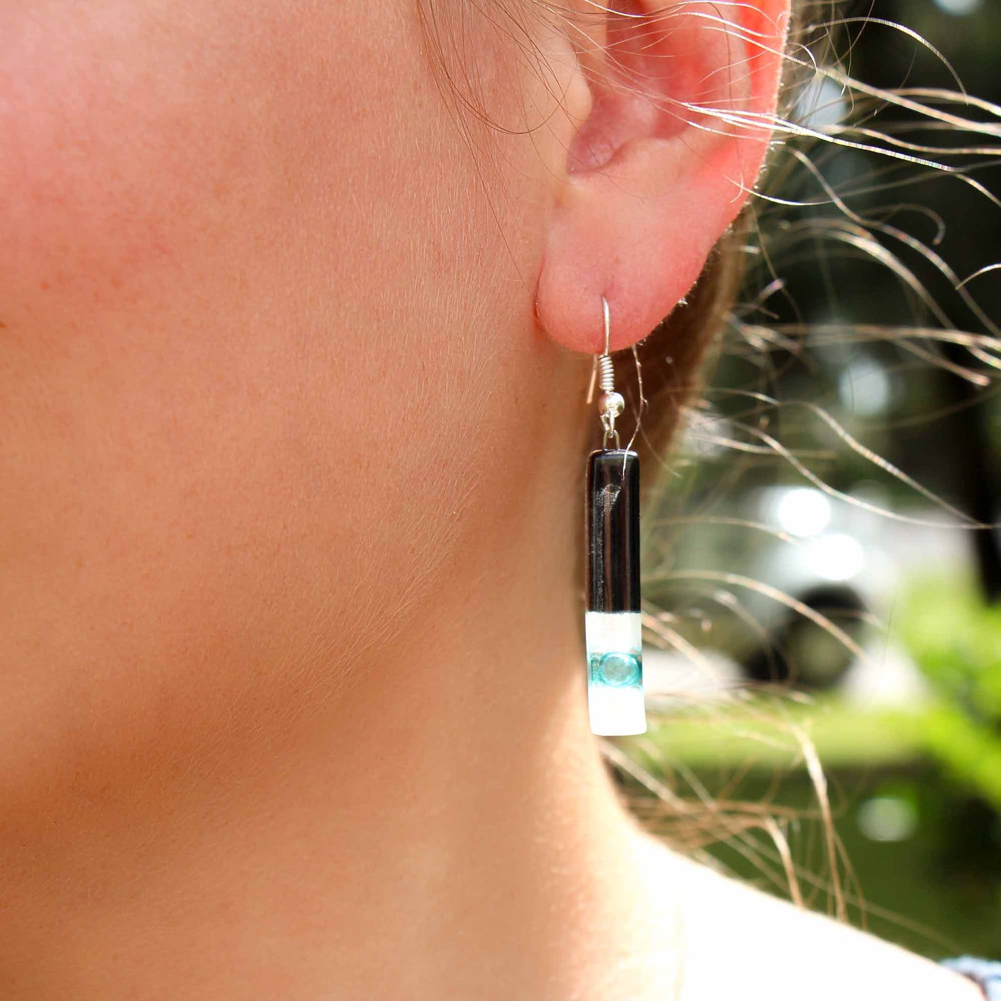 Long Rectangle Glass Dangle Earrings, Black Tie - Tili Glass