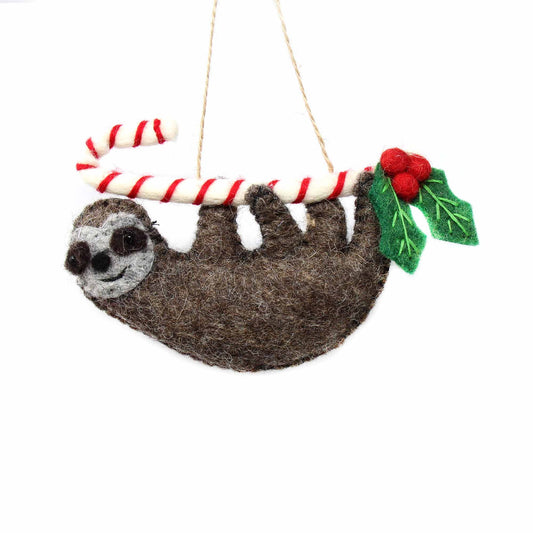 Hand Crafted Felt from Nepal: Ornament, Candy Cane Sloth - Global Groove