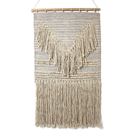 Handwoven Boho Wall Hanging - Blue Grey with Cream Fringe-Fair Trade-Panipat