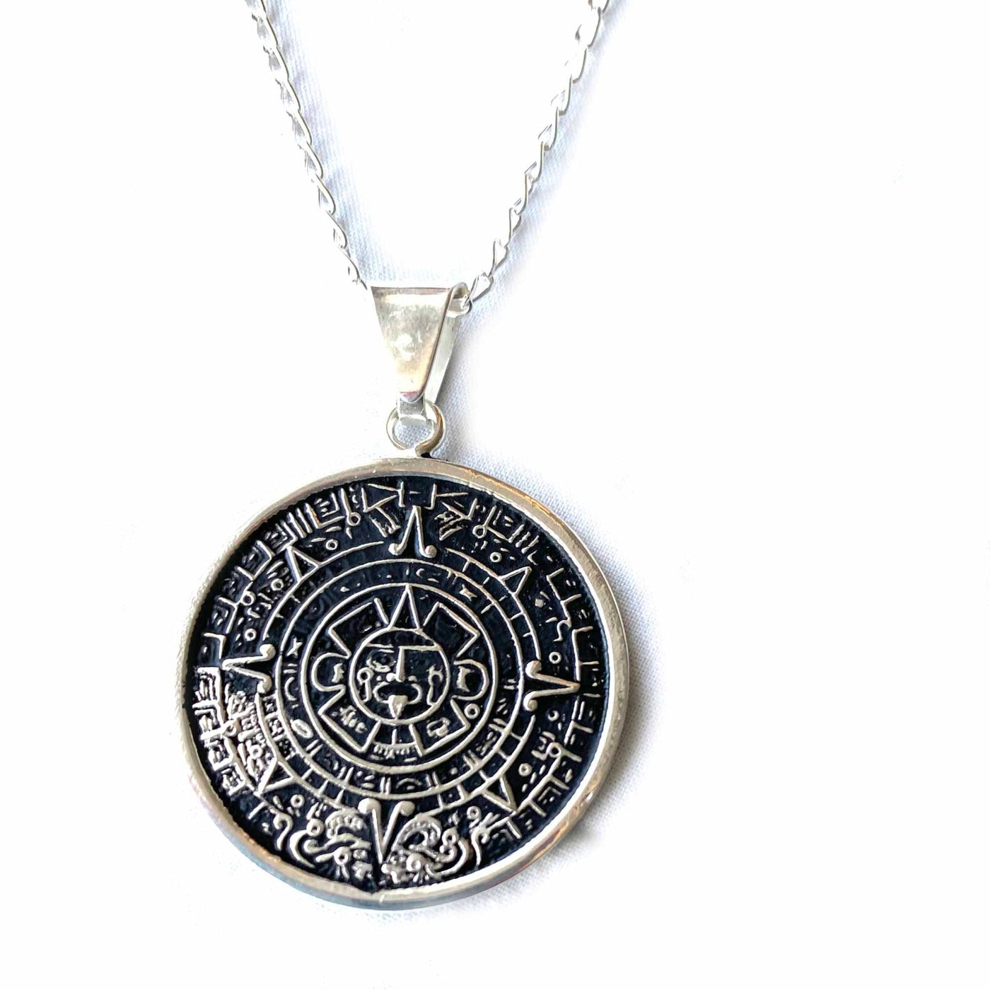 Alpaca Silver Aztec Calendar Pendant with 16" Chain