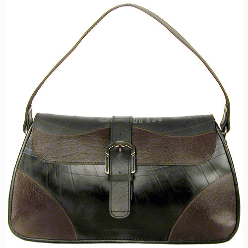 <center>Medium Tire Tube Handbag w/ Buckle Flap and Coffee Accents<br>Measures: 8" high x 13.5" wide x 4" deep</center>