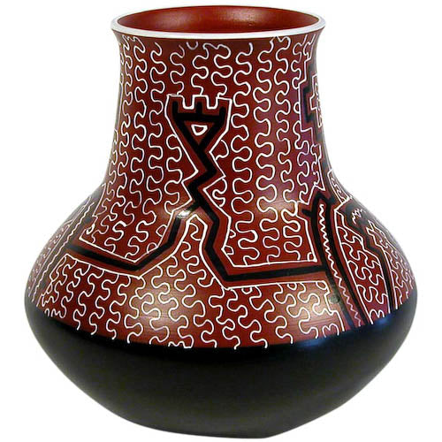 <center>Cherry Shipibo Rounded Pot with Stove Stack Top crafted by Artisans in Peru </br> Measures 9” high x 8-3/4” diameter</center>  