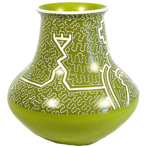 <center>Green Shipibo Rounded Pot with Stove Stack Top crafted by Artisans in Peru </br> Measures 9” high x 8-3/4” diameter</center> 