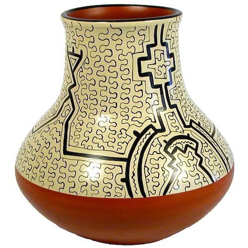 <center>White Shipibo Rounded Pot with Stove Stack Top crafted by Artisans in Peru </br> Measures 9” high x 8-3/4” diameter</center>  