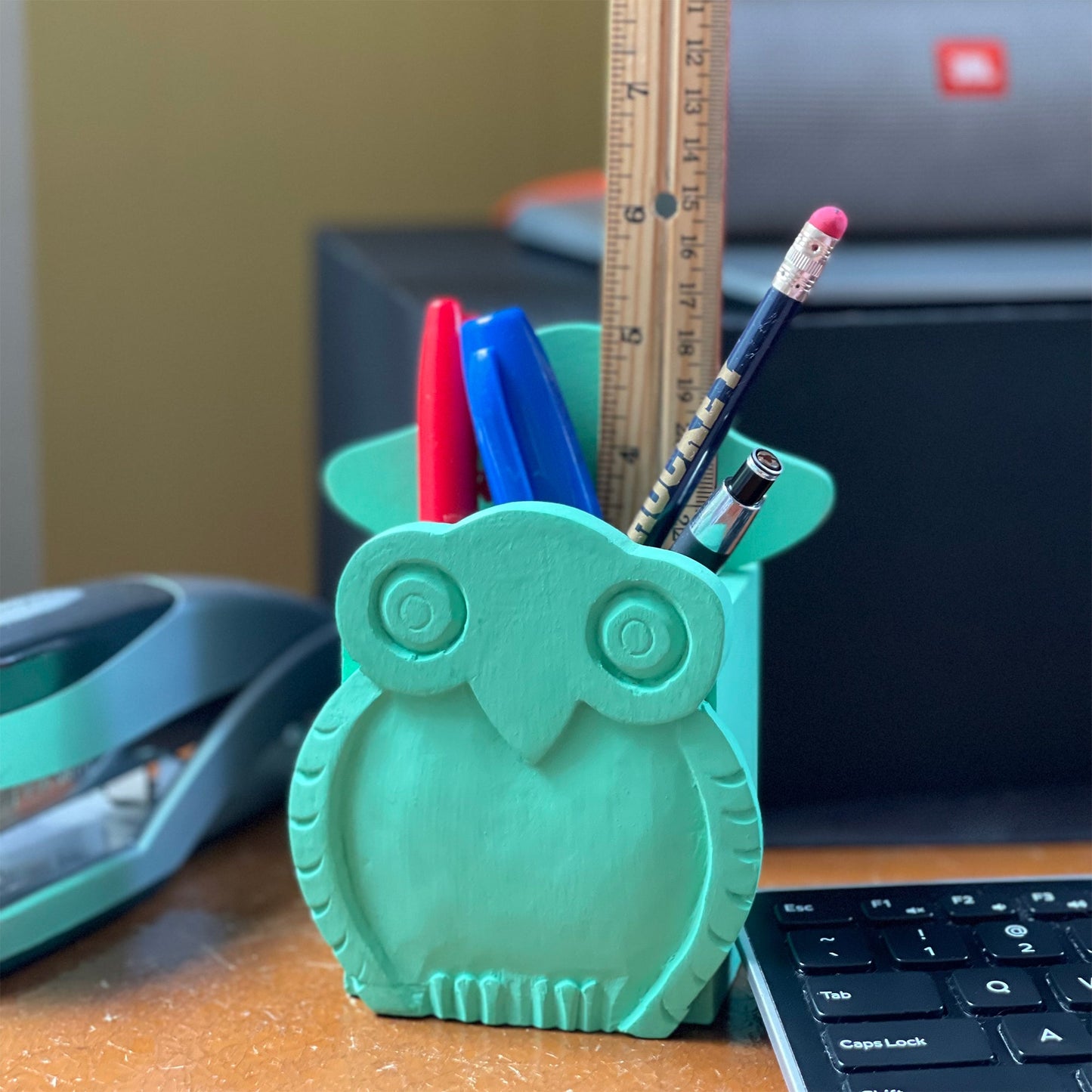 Mr. Owl Eyeglass Stand & Pen Holder Combo-Hand-carved Mango Wood- Mint Green