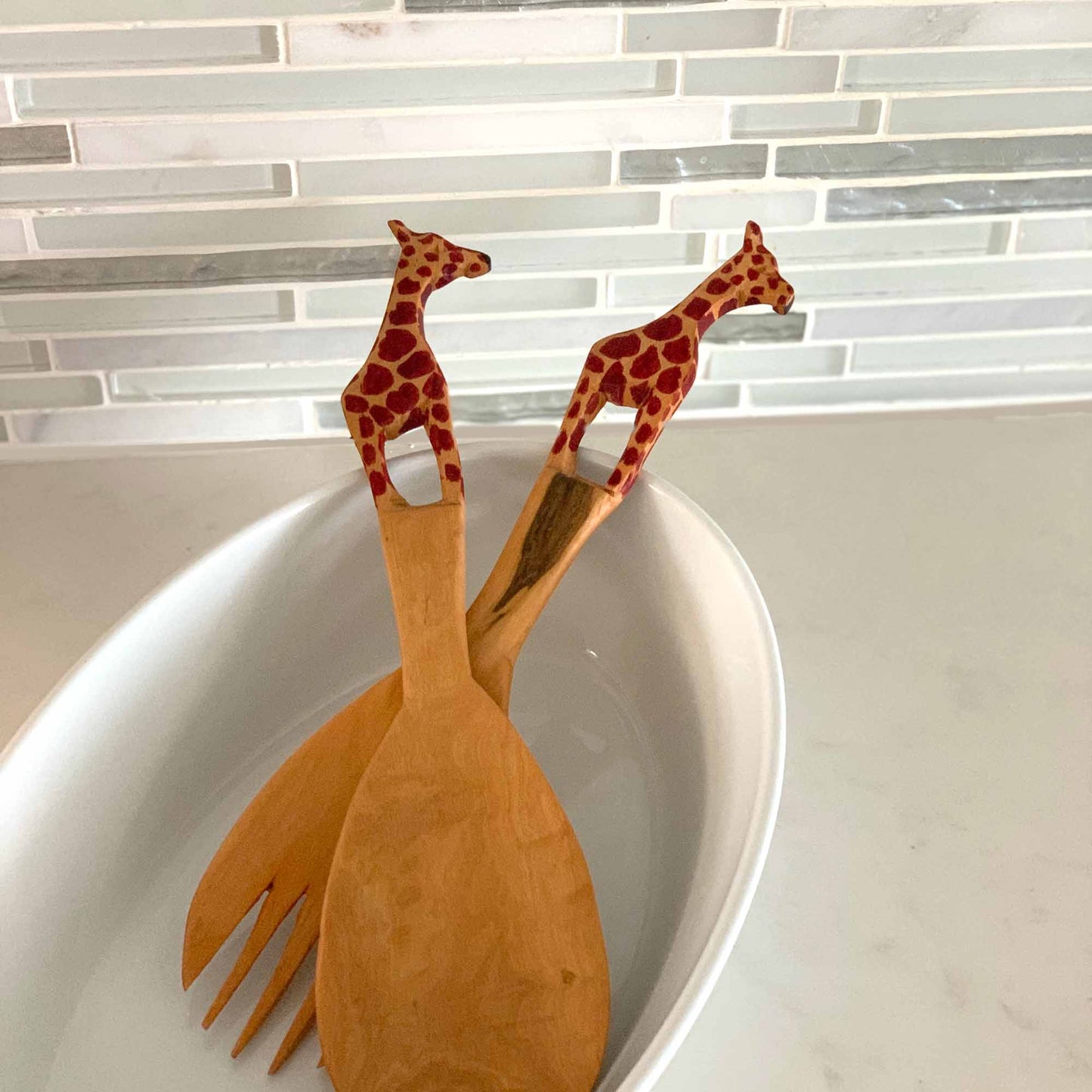 Giraffe Salad Serving Set made from Renewable Mhugu Wood-Kenya