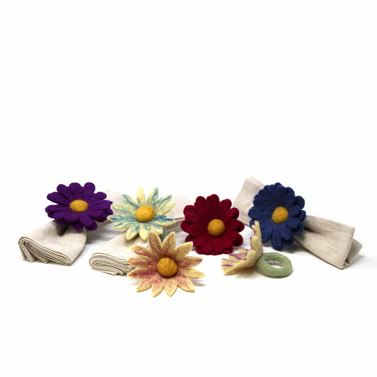 Set of 6 Napkin Rings-Hand Crafted Felt Daisies from Nepal-Assorted Colors