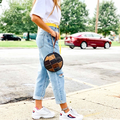 Upcycled Leather Jean Patch Round Wristlet