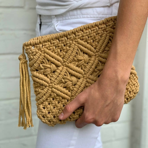 Macrame Clutch with Tassel- Tan