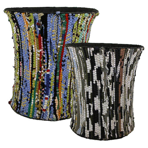 <center>Wire and Recycled-Cloth Wastebasket</br>Large Measures: 12" tall x 11" diameter</br>Small Measures: 9-1/2" tall x 9-1/2 diameter</center>