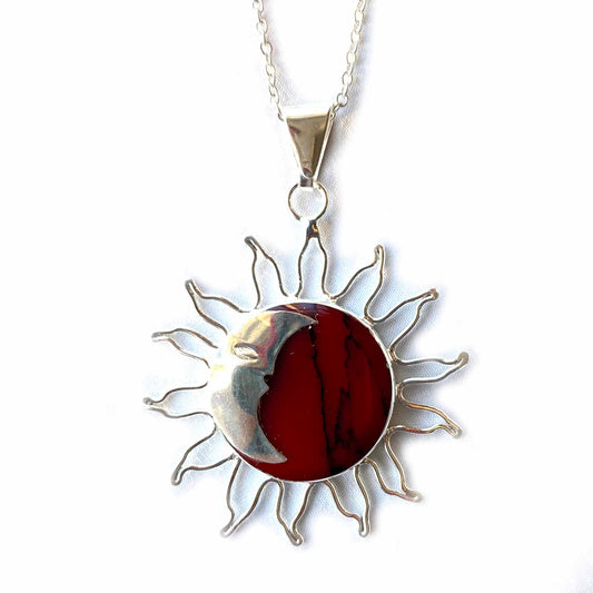 Red Jasper Moon and Silver Sun Pendant with Silver Chain- Fair Trade-Mexico