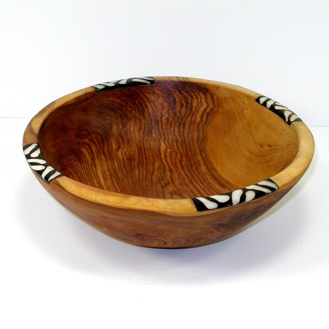 Hand-carved Olive Wood Bowl with Inlaid Bone 9"- Jedando Handicrafts-Fair Trade