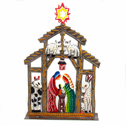 Hand-Painted Haitian Metal Drum Tabletop Nativity with Barn Animals