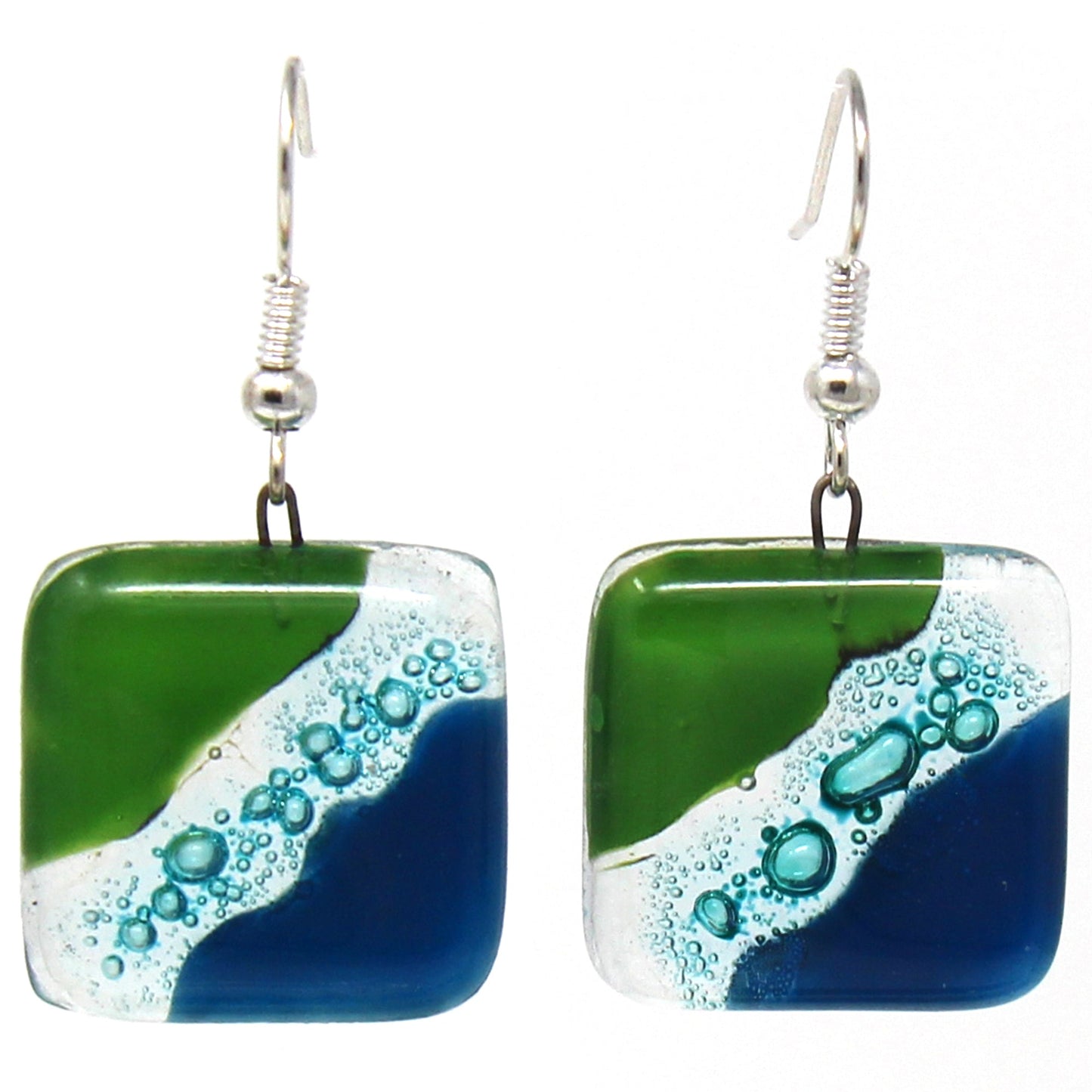 Blue Green Waves -Square Glass Dangle Earrings- Tili Glass-Chile