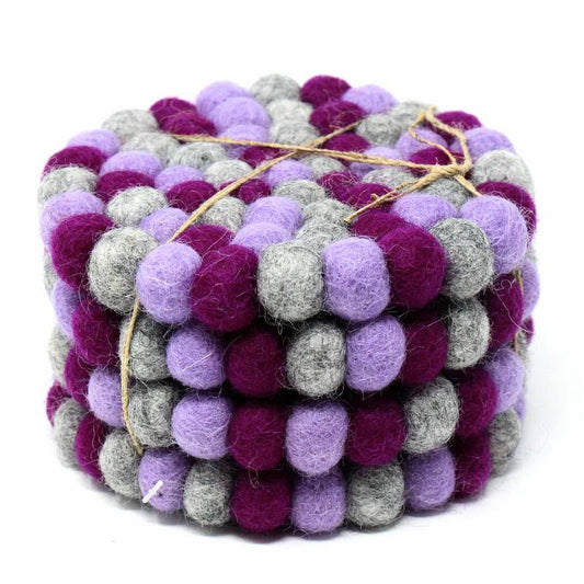 Hand Crafted Felt Ball Coasters from Nepal: 4-pack, Chakra Purples - Global Groove