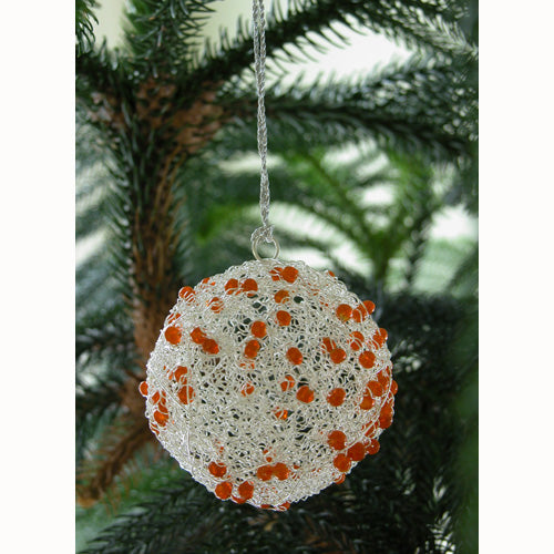 <center>Silver Wire Ball Christmas Ornament w/ Orange Beads</br>Measures: 3" diameter</center>