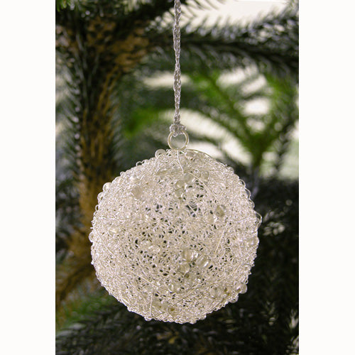 <center>Silver Wire Ball Christmas Ornament w/ Clear Beads</br>Measures: 3" diameter</center>