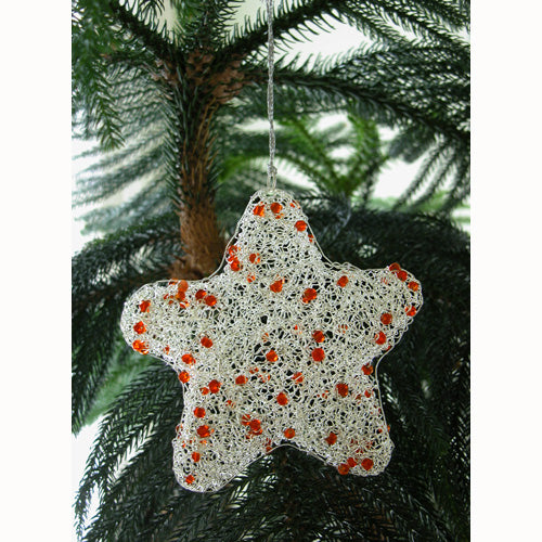 <center>Silver Wire Star Christmas Ornament w/ Orange Beads</br>Mearsures: 6" high x 6" wide</center>