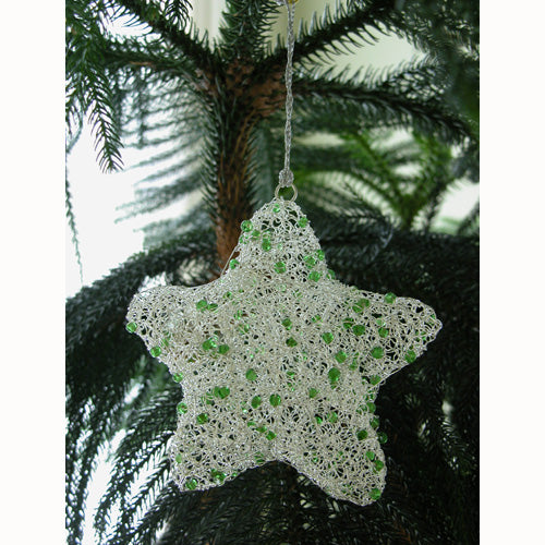 <center>Silver Wire Star Christmas Ornament w/ Green Beads</br>Mearsures: 6" high x 6" wide</center>