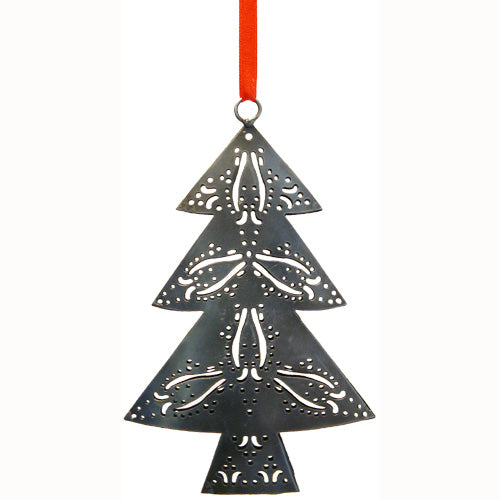 <center>Iron Christmas Tree Ornament made from Recycled Metal</br>Measures: 6-1/4" high x 4" wide</center>