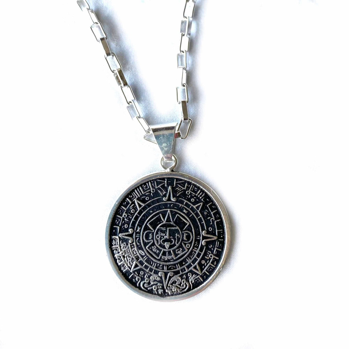 Alpaca Silver Aztec Calendar Pendant with 16" Chain