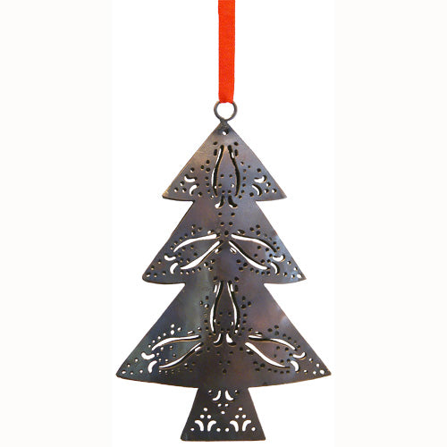 <center>Copper Christmas Tree Ornament made from Recycled Metal</br>Measures: 6-1/4" high x 4" wide</center>