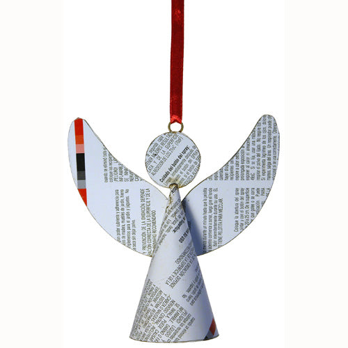 <center>Angel Christmas Ornament made from Recycled Metal</br>Assorted White Colors</br>Measures: 4-1/2" high x 5" wide</center>