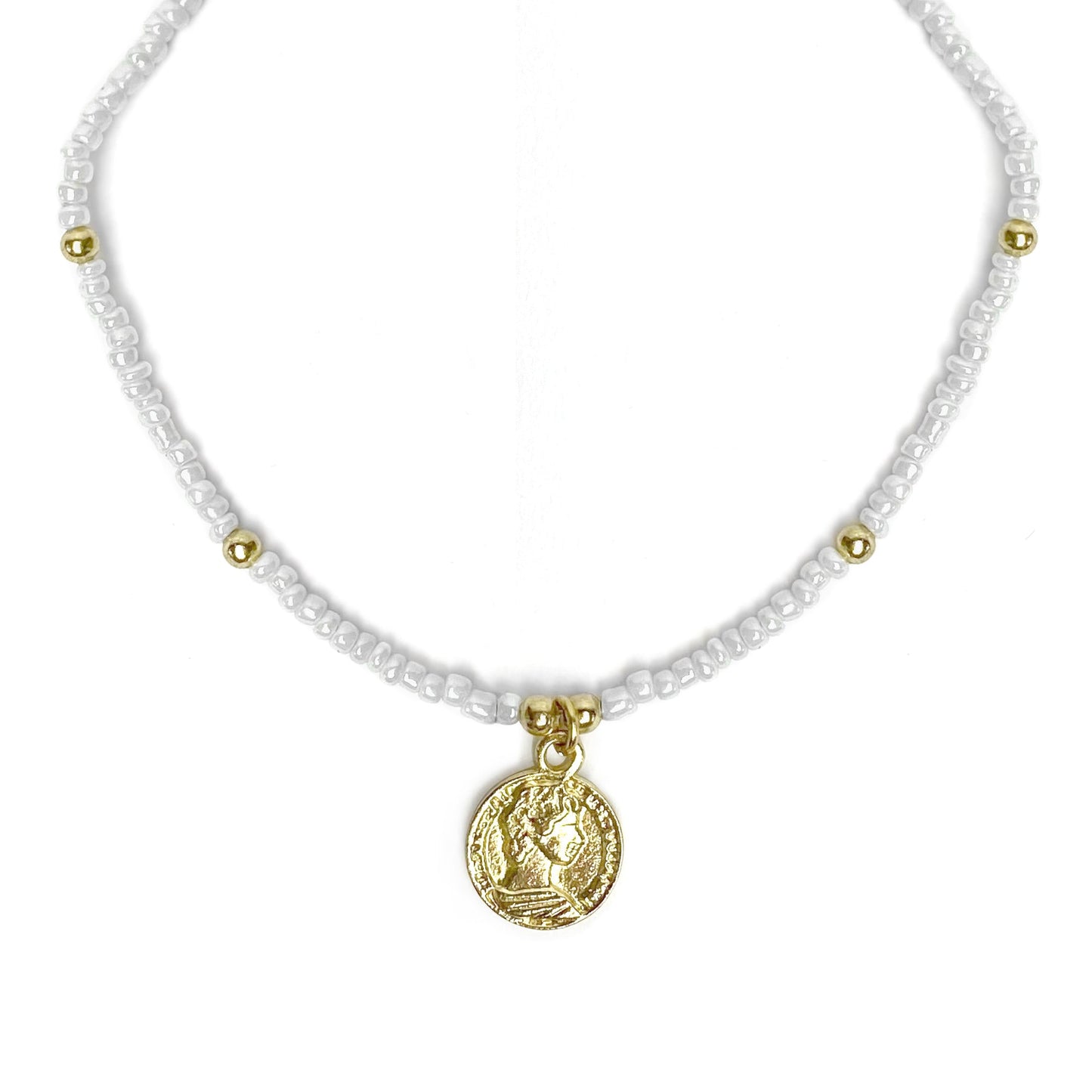 Glass Bead Choker with Brass Coin Pendant-White