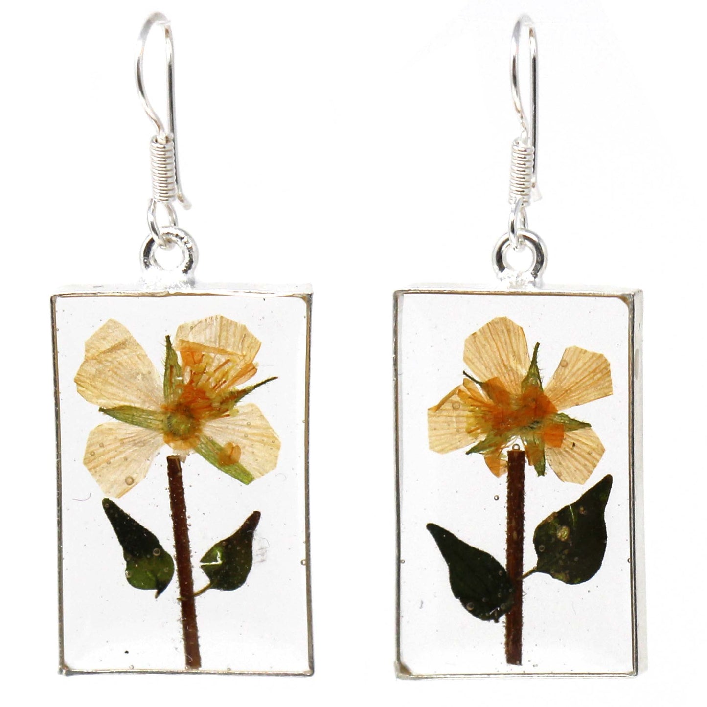 Pendientes colgantes rectangulares de flores amarillas prensadas hechos a mano