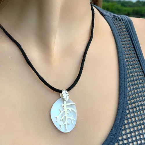 Silver Branches Pendant on Mother of Pearl w/ leather necklace