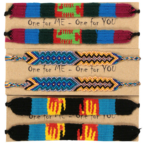 <center>Assorted Mayan Friendship Bracelets crafted by Artisans in Guatemala </br>Each Card Measures 4-1/4” high x 6” wide, with two 11” bracelets</center>